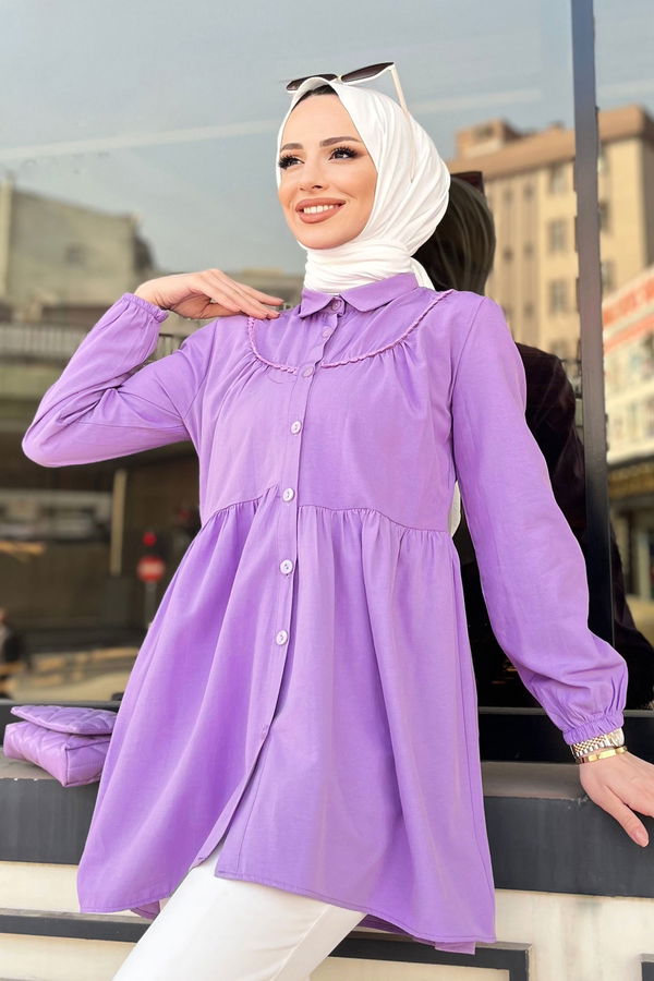 Düz Gömlek Yaka Kadın Lila Tunik - 22296