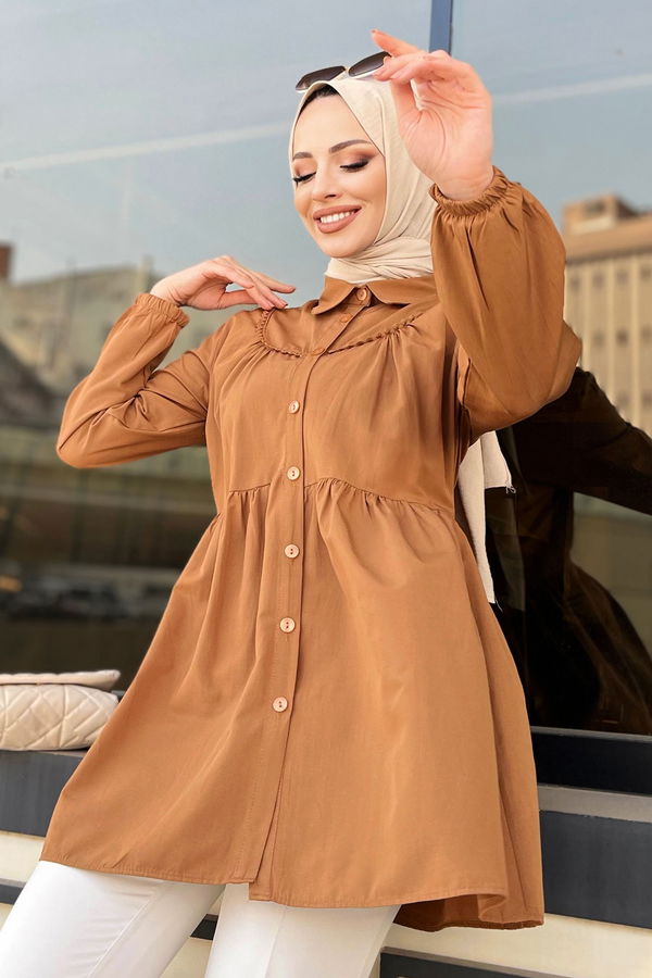 Düz Gömlek Yaka Kadın Taba Tunik - 22296