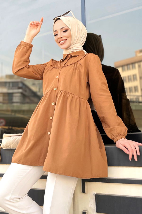 Düz Gömlek Yaka Kadın Taba Tunik - 22296