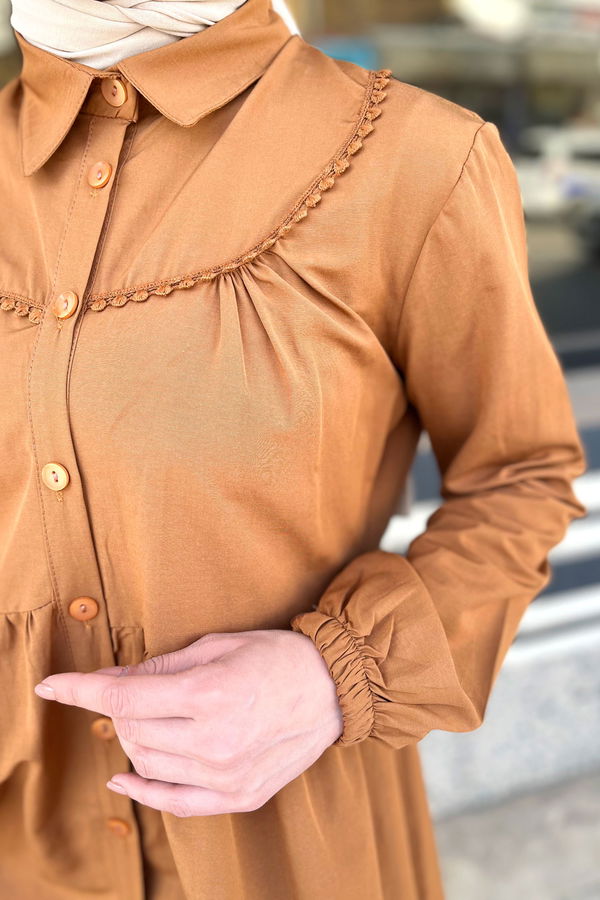 Düz Gömlek Yaka Kadın Taba Tunik - 22296