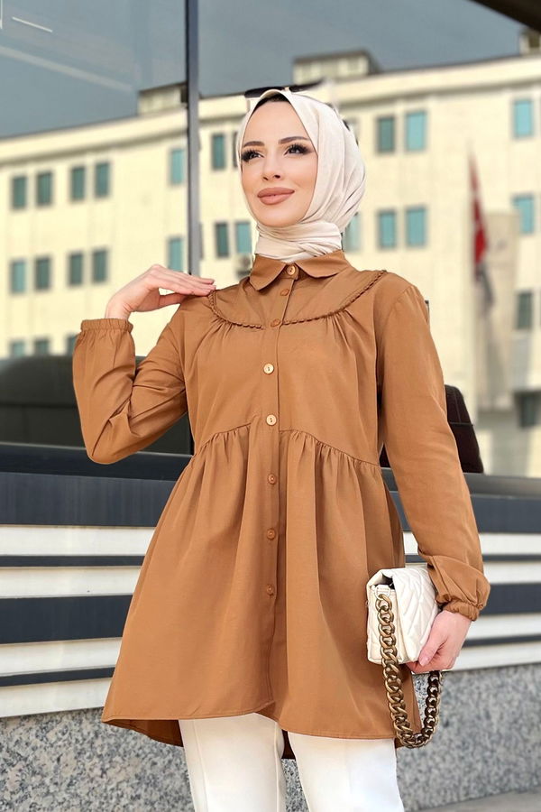 Düz Gömlek Yaka Kadın Taba Tunik - 22296