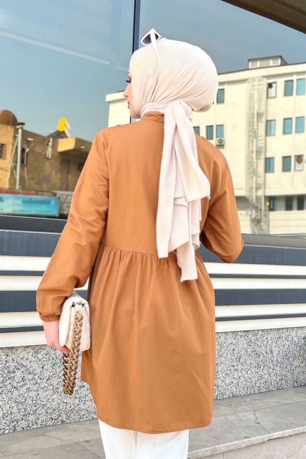 Düz Gömlek Yaka Kadın Taba Tunik - 22296