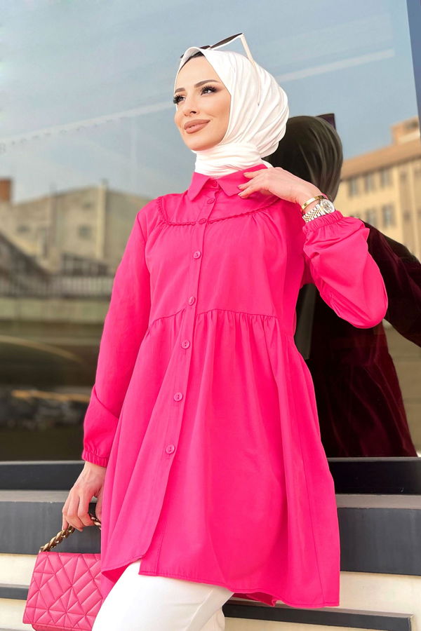 Düz Gömlek Yaka Kadın Fuşya Tunik - 22296 FUŞYA