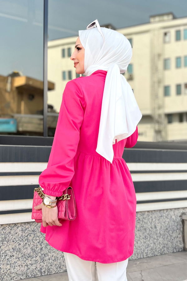 Düz Gömlek Yaka Kadın Fuşya Tunik - 22296 FUŞYA