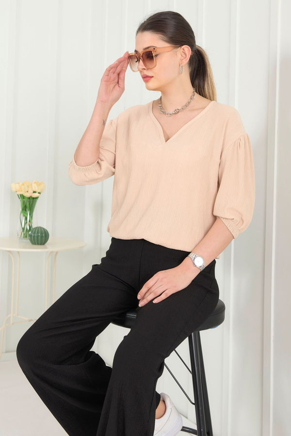 Düz Kruvaze Yaka Kadın Bej Bluz+Pantolon - 22337