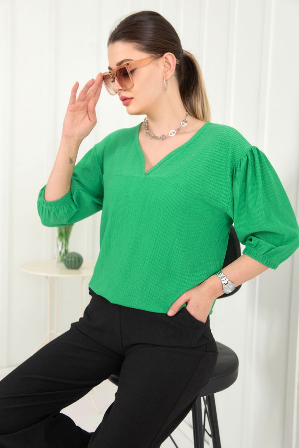 Düz Kruvaze Yaka Kadın Yeşil Bluz+Pantolon - 22337