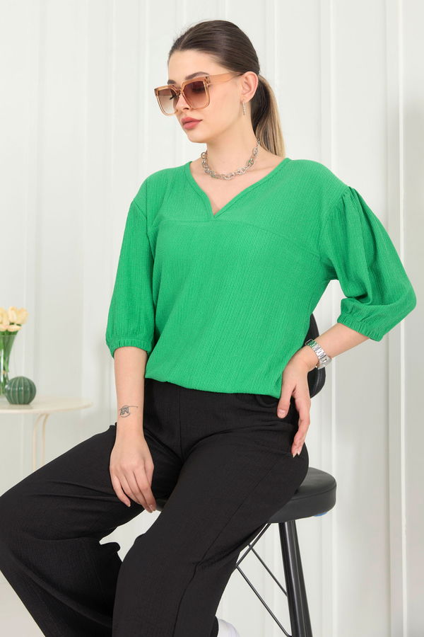 Düz Kruvaze Yaka Kadın Yeşil Bluz+Pantolon - 22337