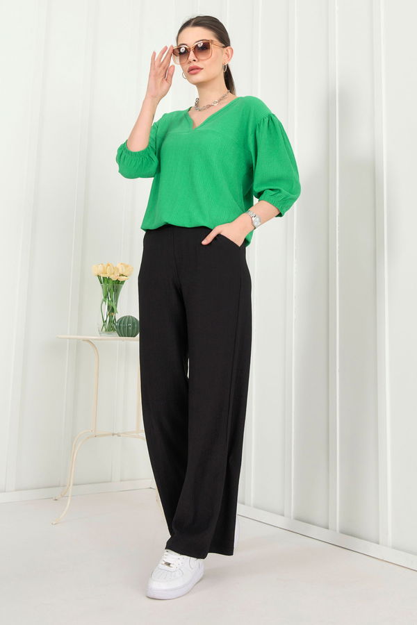 Düz Kruvaze Yaka Kadın Yeşil Bluz+Pantolon - 22337