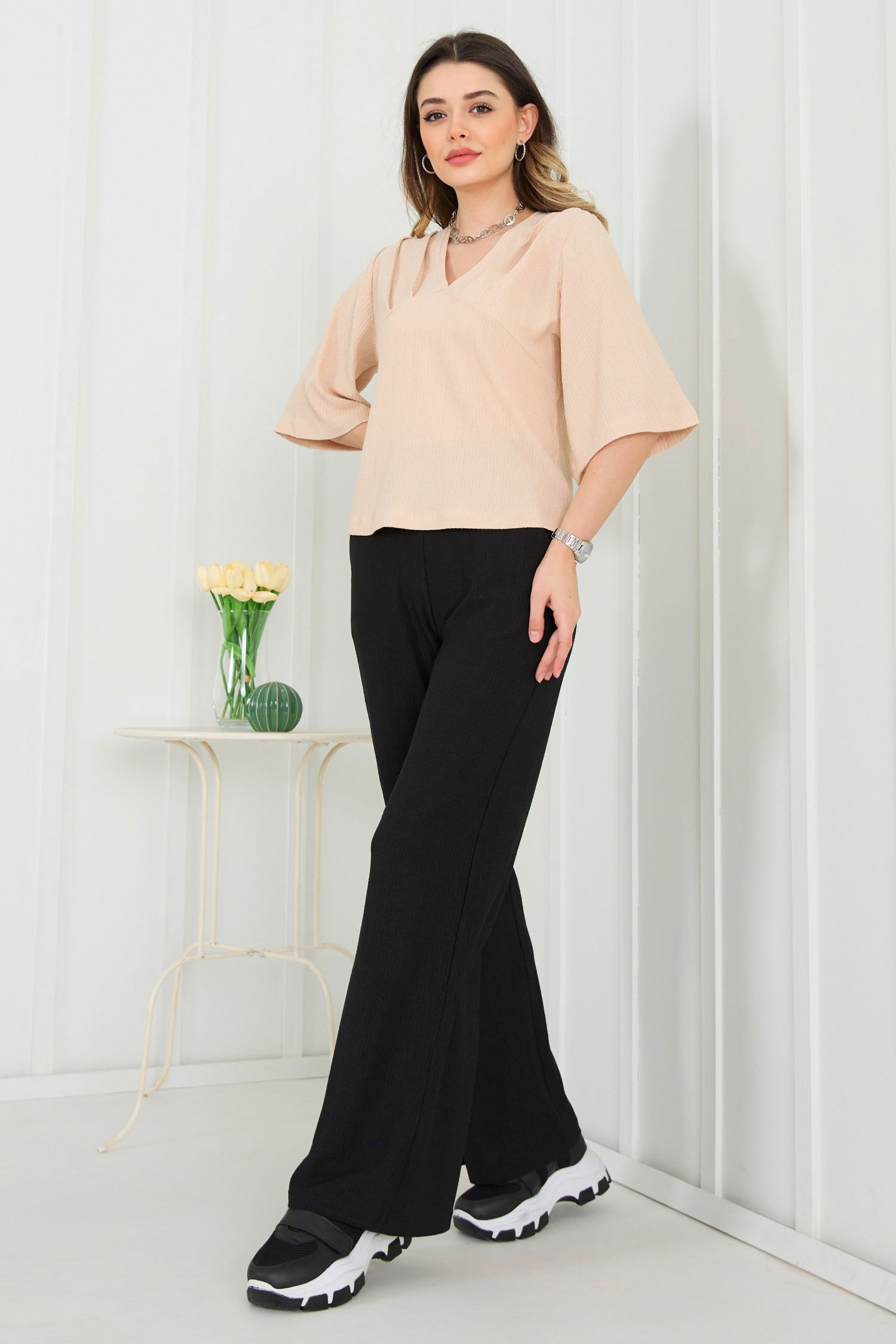 Düz Orta Kadın Bej Bluz+Pantolon - 22339