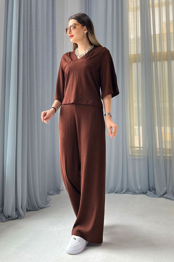 Düz Orta Kadın Kahverengi Bluz+Pantolon - 22339