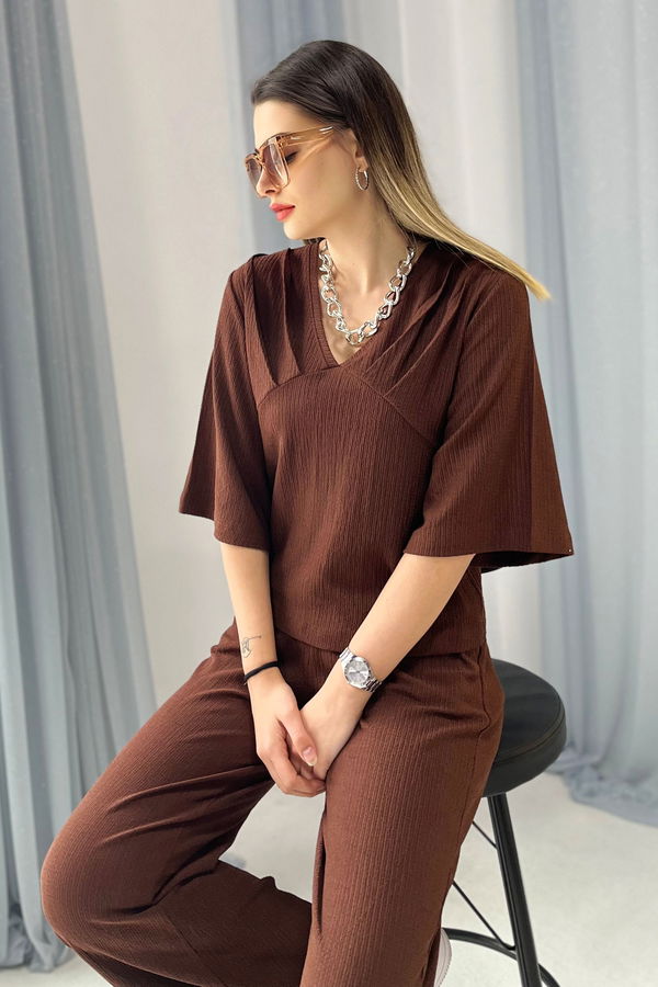 Düz Orta Kadın Kahverengi Bluz+Pantolon - 22339