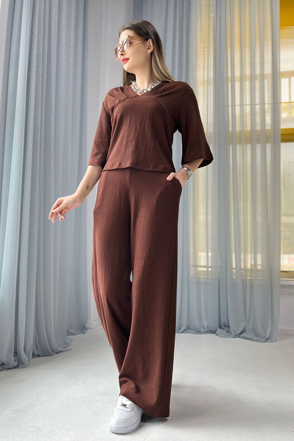 Düz Orta Kadın Kahverengi Bluz+Pantolon - 22339