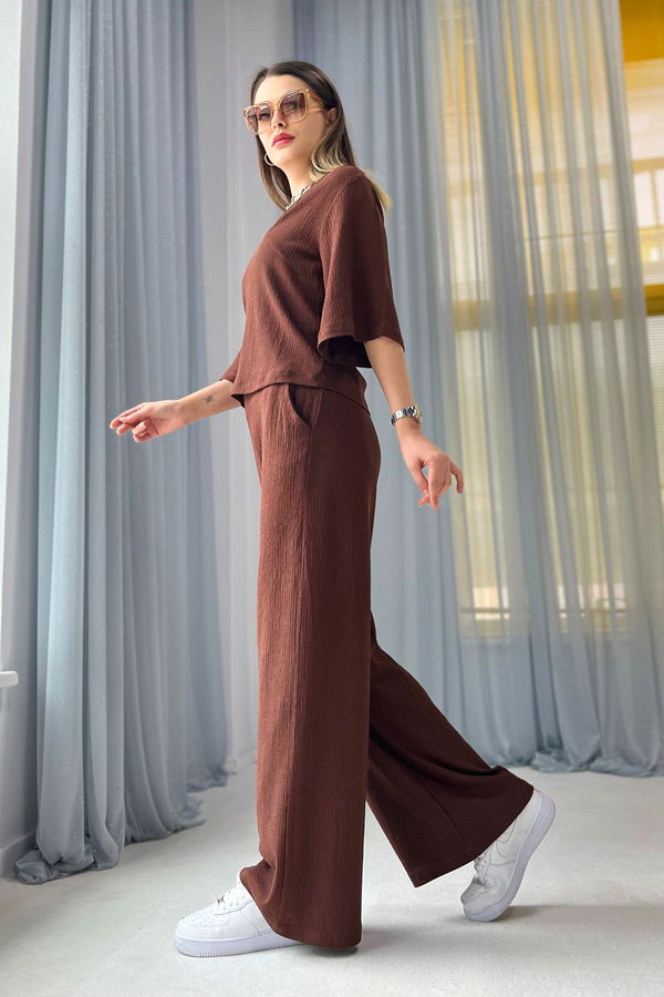 Düz Orta Kadın Kahverengi Bluz+Pantolon - 22339