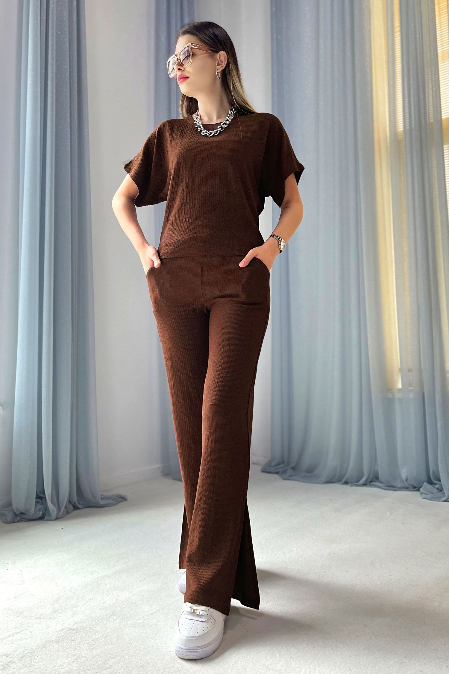 Düz Bisiklet Yaka Kadın Kahverengi Bluz+Pantolon - 22341 KAHVERENGİ