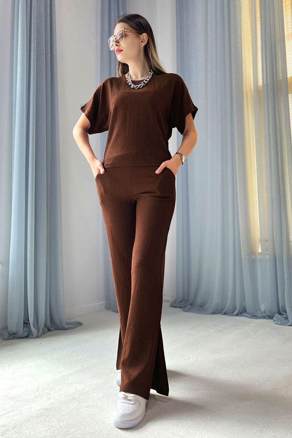 Düz Bisiklet Yaka Kadın Kahverengi Bluz+Pantolon - 22341 KAHVERENGİ