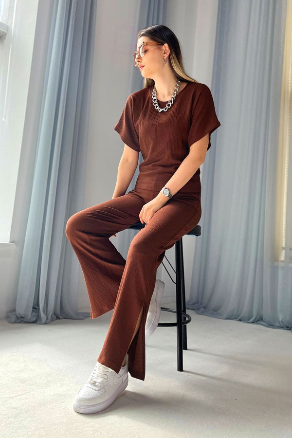 Düz Bisiklet Yaka Kadın Kahverengi Bluz+Pantolon - 22341 KAHVERENGİ