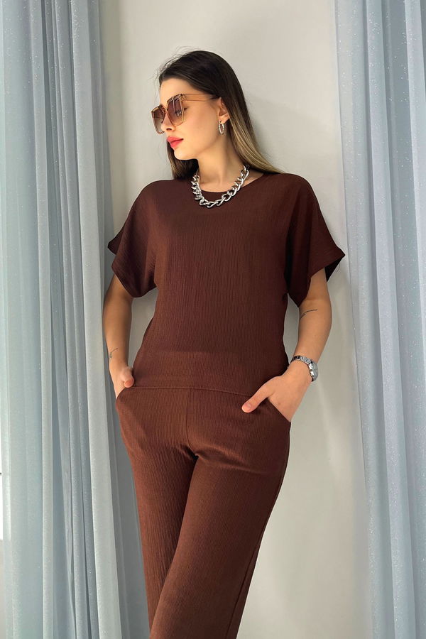 Düz Bisiklet Yaka Kadın Kahverengi Bluz+Pantolon - 22341 KAHVERENGİ