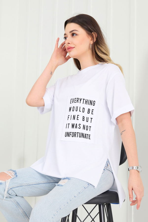 Düz Bisiklet Yaka Kadın Beyaz T-Shirt - 22369