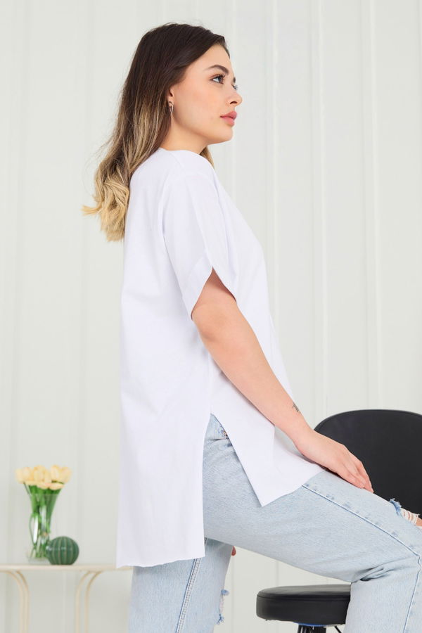 Düz Bisiklet Yaka Kadın Beyaz T-Shirt - 22369