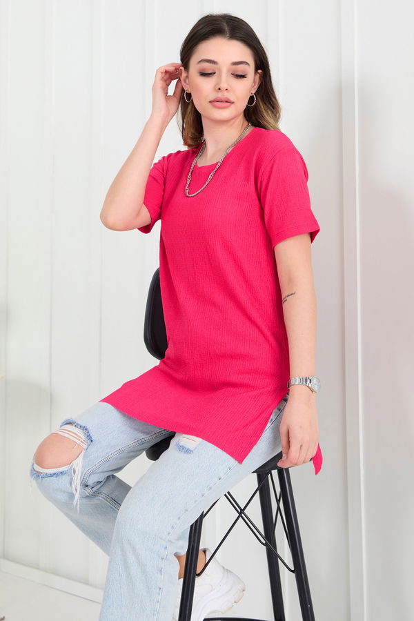 Düz Bisiklet Yaka Kadın Fuşya Bluz - 22381 FUŞYA