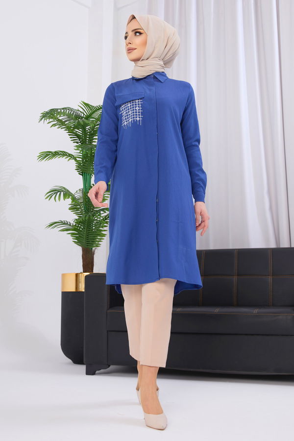 Düz Gömlek Yaka Kadın Mavi Tunik - 3984 MAVİ