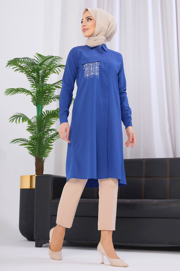 Düz Gömlek Yaka Kadın Mavi Tunik - 3984 MAVİ