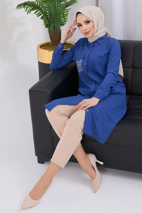 Düz Gömlek Yaka Kadın Mavi Tunik - 3984 MAVİ