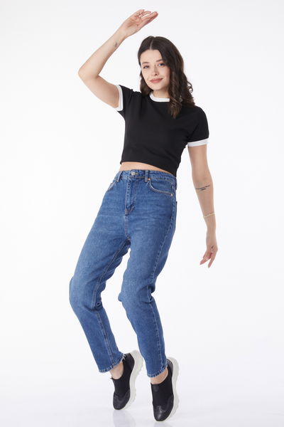 Düz Orta Kadın Mavi Mom Jeans Kot Pantolon - 50009