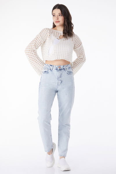 Düz Orta Kadın Mavi Mom Jeans Kot Pantolon - 50009