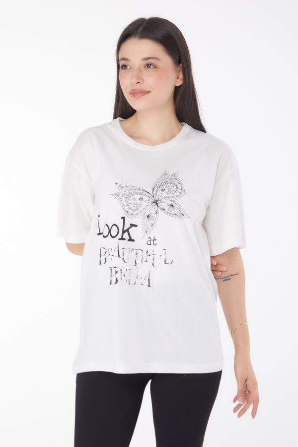 Düz Bisiklet Yaka Kadın Beyaz Baskılı Kısa Kollu T-shirt - 25766