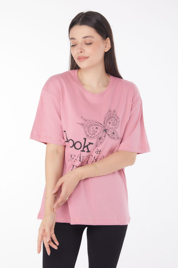 Düz Bisiklet Yaka Kadın Pembe Baskılı Kısa Kollu T-shirt - 25766