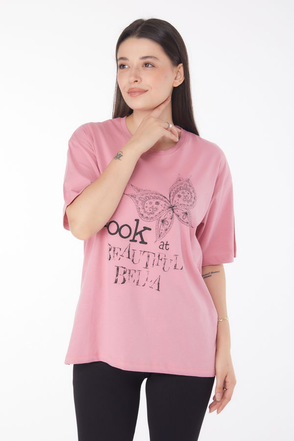 Düz Bisiklet Yaka Kadın Pembe Baskılı Kısa Kollu T-shirt - 25766