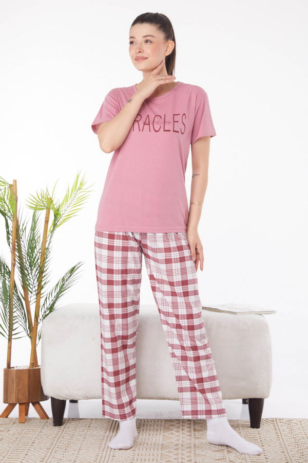Düz Bisiklet Yaka Kadın Pembe Baskılı Pijama Takımı - 25817 PEMBE