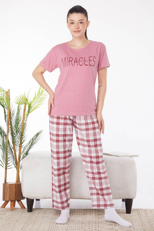 Düz Bisiklet Yaka Kadın Pembe Baskılı Pijama Takımı - 25817 PEMBE