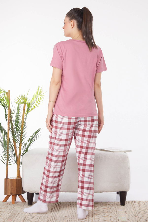 Düz Bisiklet Yaka Kadın Pembe Baskılı Pijama Takımı - 25817 PEMBE
