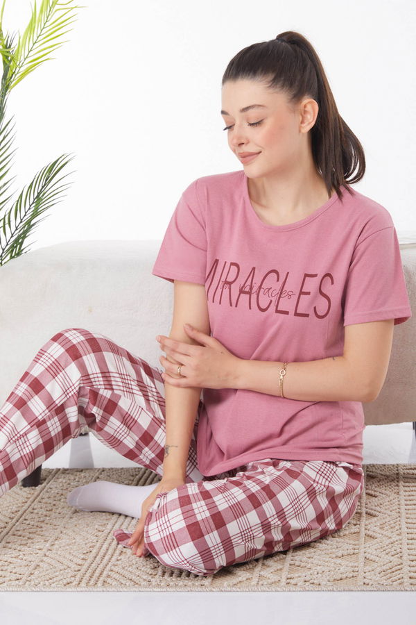 Düz Bisiklet Yaka Kadın Pembe Baskılı Pijama Takımı - 25817 PEMBE