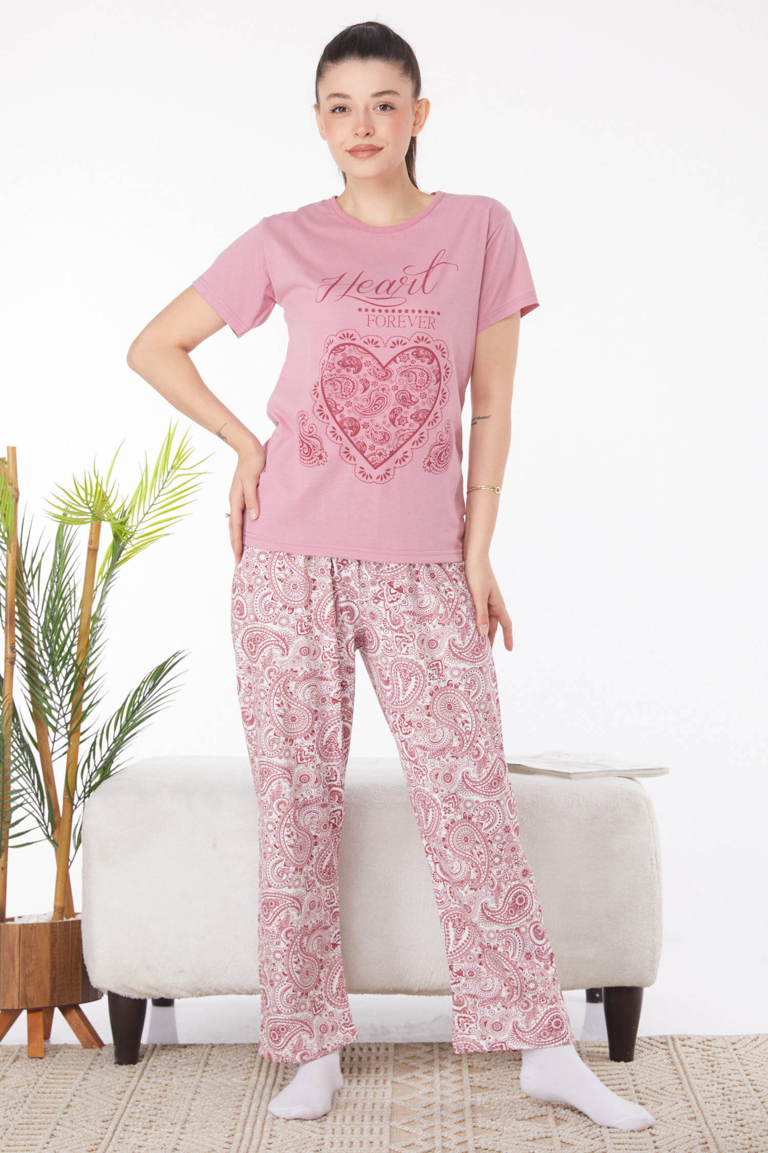 Düz Bisiklet Yaka Kadın Pembe Baskılı Pijama Takımı - 25820
