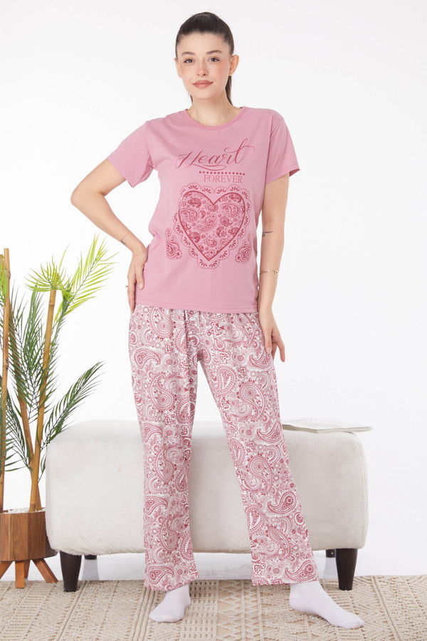Düz Bisiklet Yaka Kadın Pembe Baskılı Pijama Takımı - 25820
