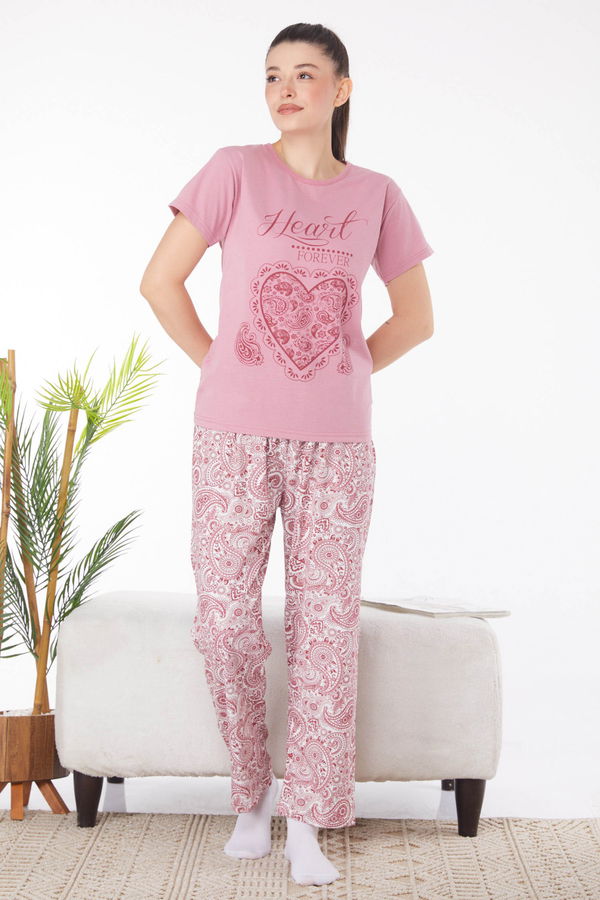 Düz Bisiklet Yaka Kadın Pembe Baskılı Pijama Takımı - 25820
