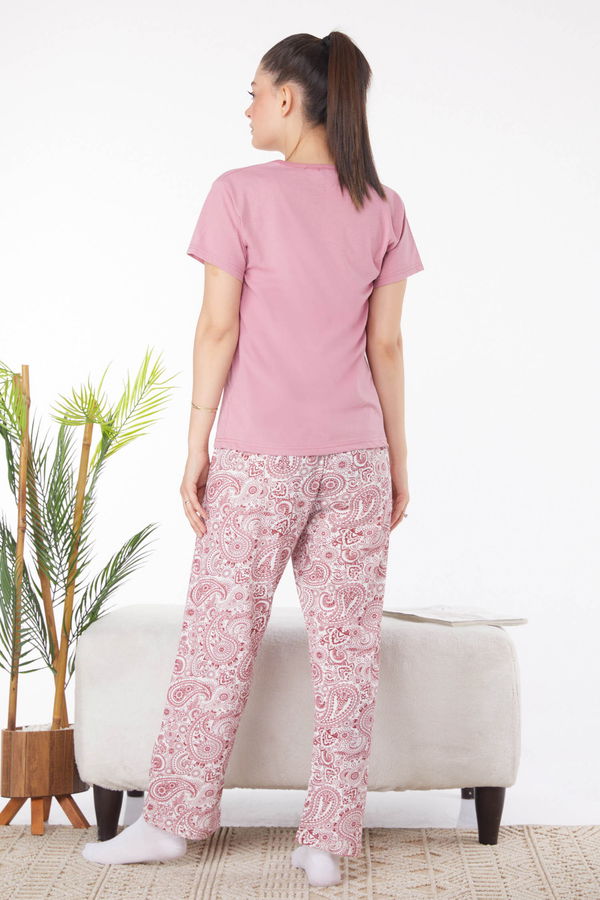Düz Bisiklet Yaka Kadın Pembe Baskılı Pijama Takımı - 25820