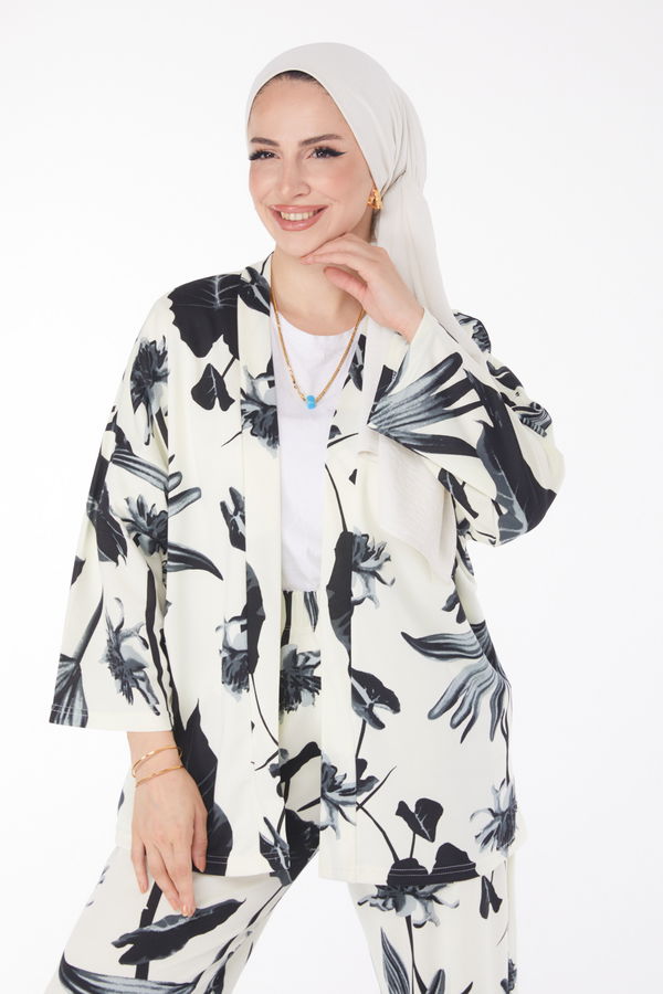 Düz Ceket Yaka Kadın Siyah Desenli Kimono Takım - 25875