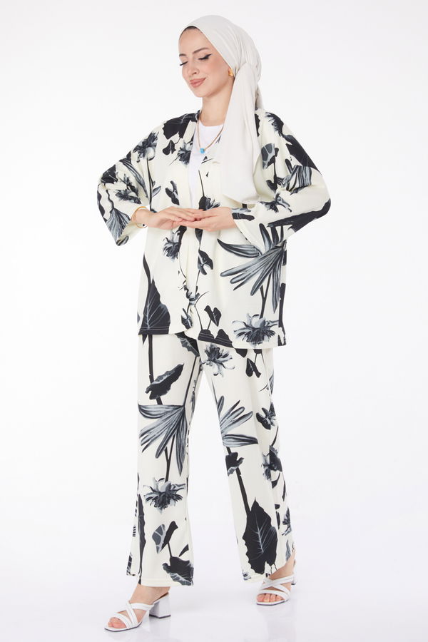 Düz Ceket Yaka Kadın Siyah Desenli Kimono Takım - 25875