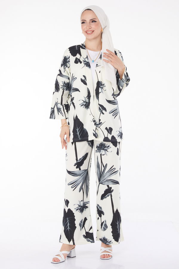 Düz Ceket Yaka Kadın Siyah Desenli Kimono Takım - 25875
