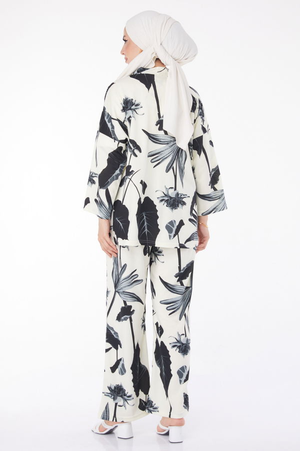 Düz Ceket Yaka Kadın Siyah Desenli Kimono Takım - 25875