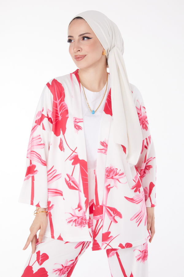 Düz Ceket Yaka Kadın Fuşya Desenli Kimono Takım - 25875