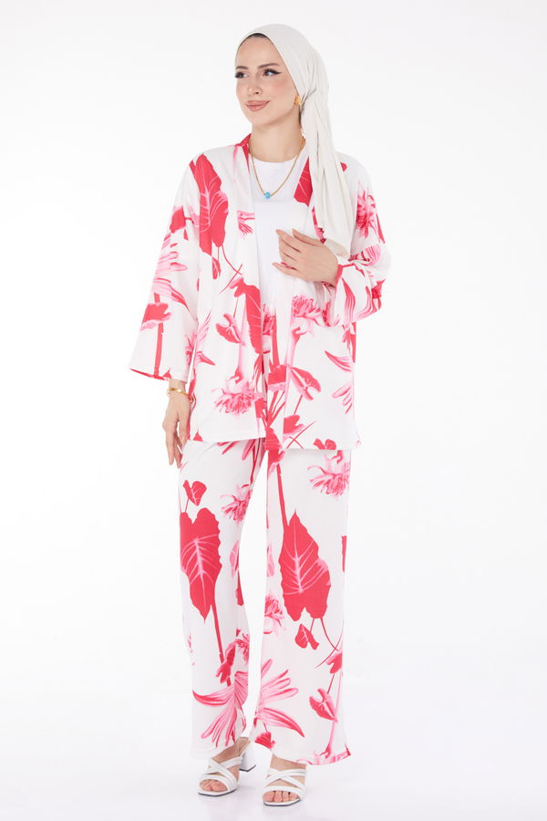 Düz Ceket Yaka Kadın Fuşya Desenli Kimono Takım - 25875