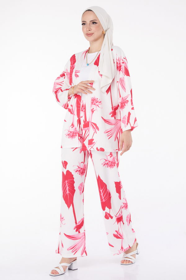 Düz Ceket Yaka Kadın Fuşya Desenli Kimono Takım - 25875