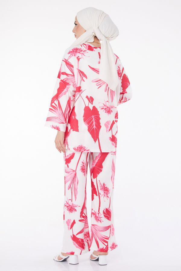Düz Ceket Yaka Kadın Fuşya Desenli Kimono Takım - 25875