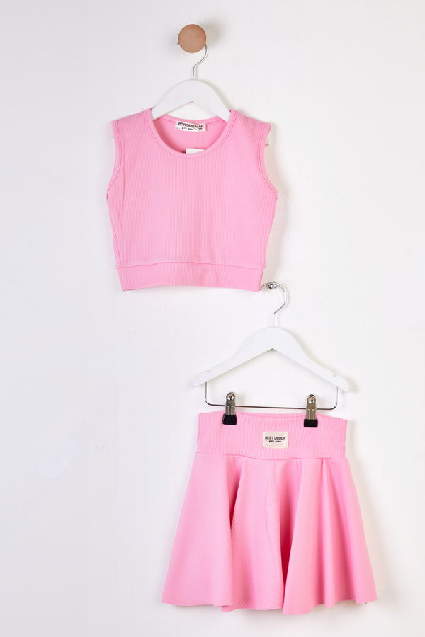 Kız Çocuk Pembe Fitilli Crop Takım - 25781 PEMBE