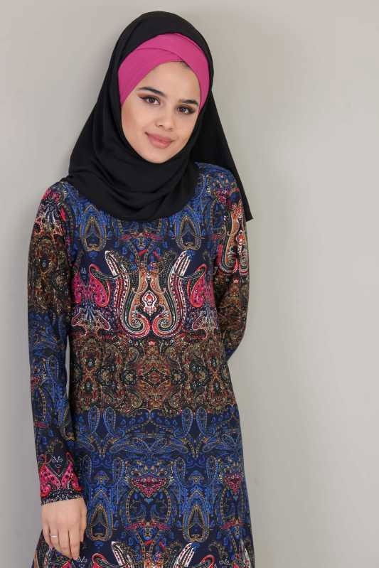 Düz Orta Kadın Siyah Desenli Tunik Siyah Saks  - 6542